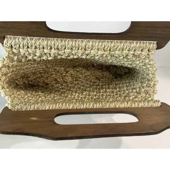 Vintage Woven Macrame Jute Rope Bag Clutch Purse Wood Handle - Picture 6 of 12